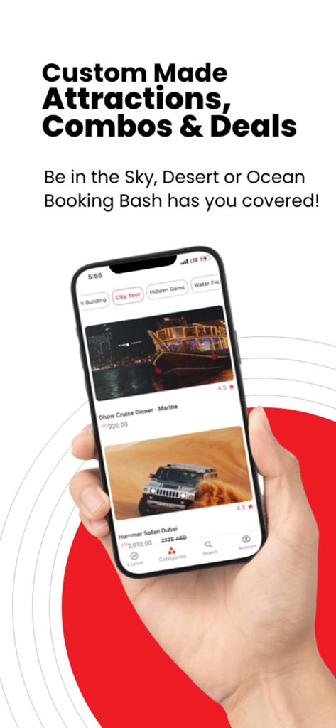 BookingBash: Tickets Made Easy - A hand holding a smartphone displaying travel attractions and deals on the BookingBash app