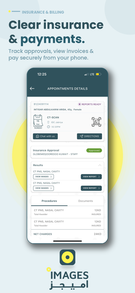My ImagesDC - Pantalla de la aplicación My ImagesDC que muestra el estado de aprobación del seguro y los detalles de facturación de una tomografía computarizada