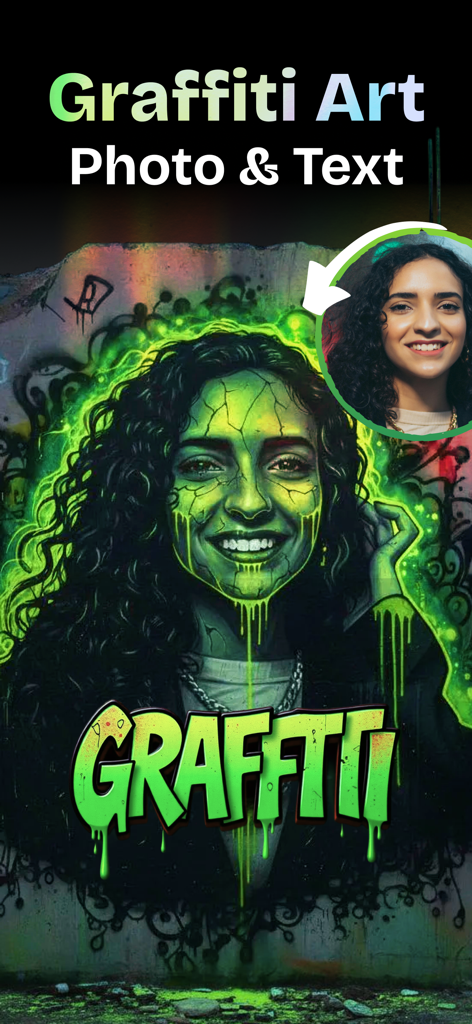 Graffiti AI: Graffiti Text Art - El retrato de una mujer transformado en arte de pared de grafiti verde neón con texto goteante