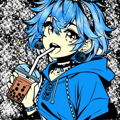 hot baddie anime girl drinking boba and biting the straw