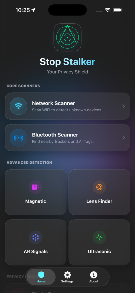 Stop Stalker - The home screen of the Stop Stalker app displaying privacy tools including Network Scanner, Bluetooth Scanner, and Lens Finder.