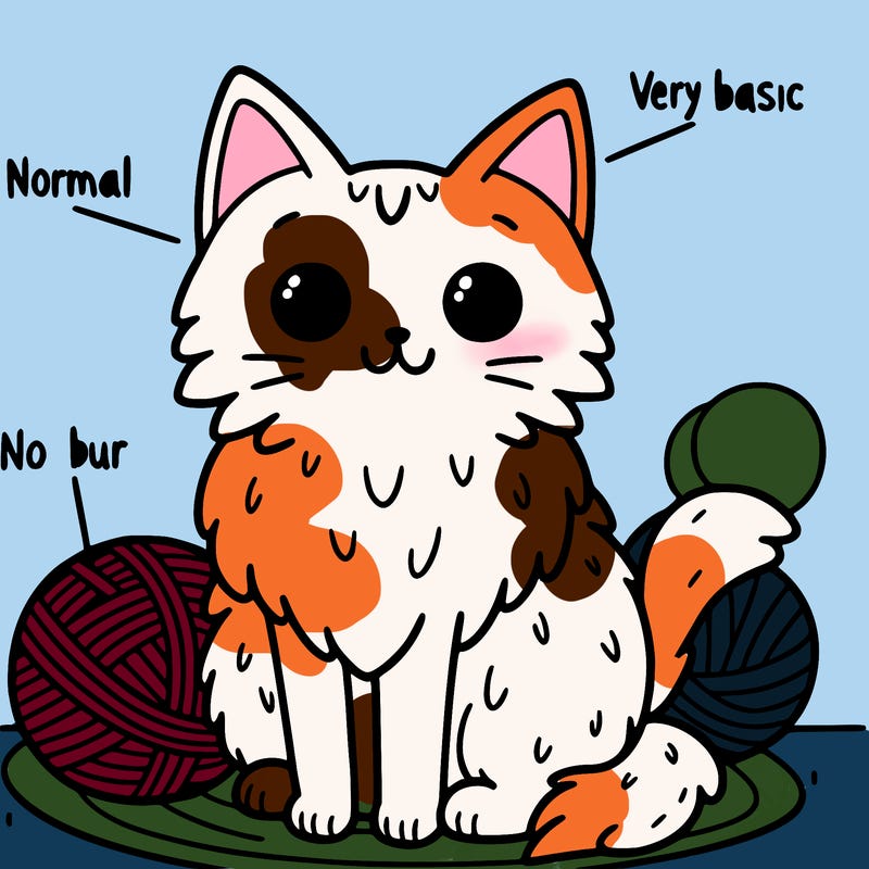 normal cute cat very basic ball of yarn in the background with cat toys in the background nothing on its fur