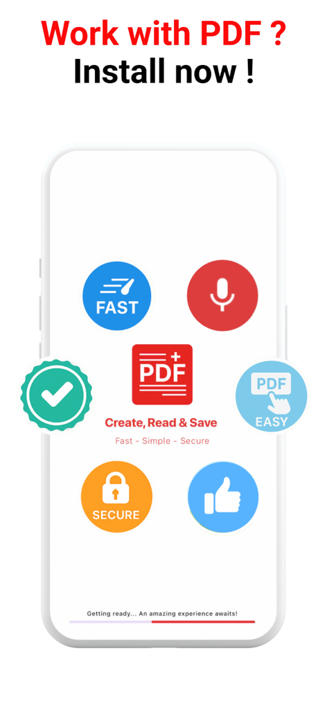 PDF Reader, Editor & Scanner + - PDF Reader and Editor app launch screen featuring fast secure and easy document tools