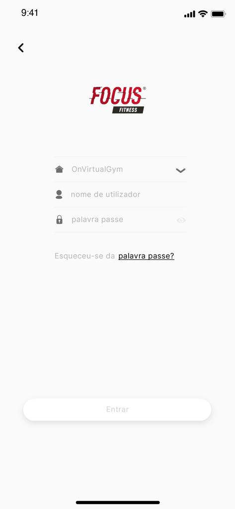 Focus Fitness - Login interface for the Focus Fitness fitness management app
