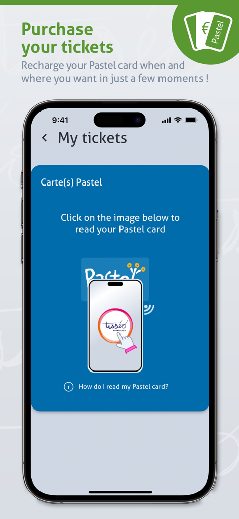 Tisséo: Metro, Tram, Bus - Écran d'un smartphone affichant l'interface de l'application Tisseo pour l'achat de titres de transport et le rechargement d'une carte Pastel.