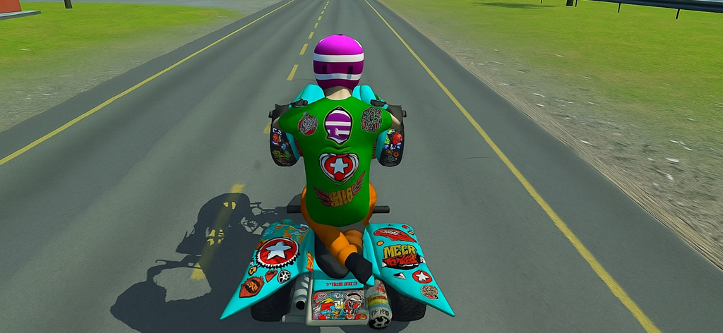 Wheelie Bike Life Rider Games - Rear view of a rider on a decorated quad bike on a paved road in the Wheelie Bike Life Rider game