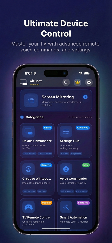 AirPlay Cast app interface showcasing screen mirroring and smart TV remote features