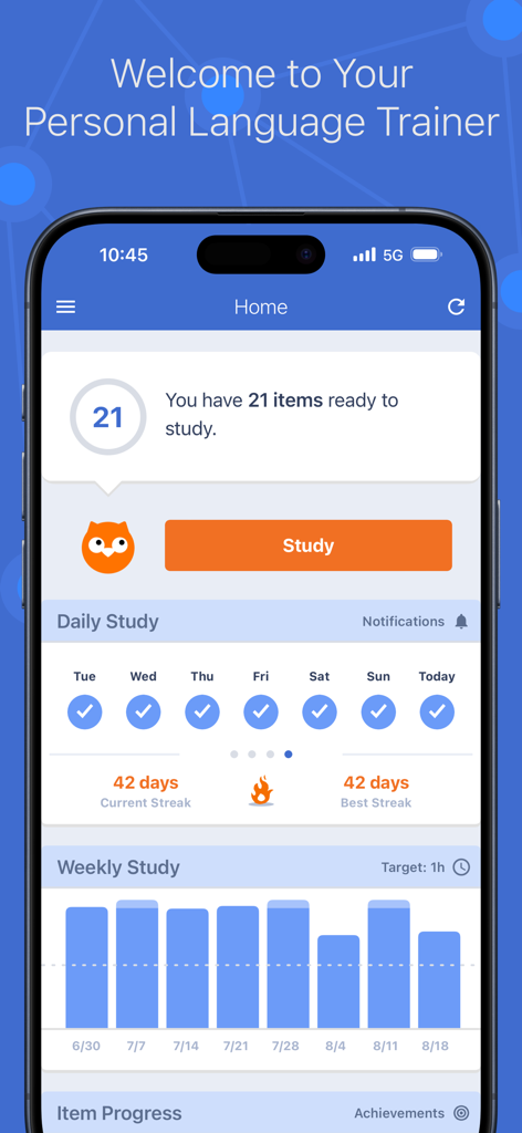 iKnow! - Tela inicial do aplicativo iKnow mostrando uma sequência de estudo de 42 dias e painel de progresso pessoal