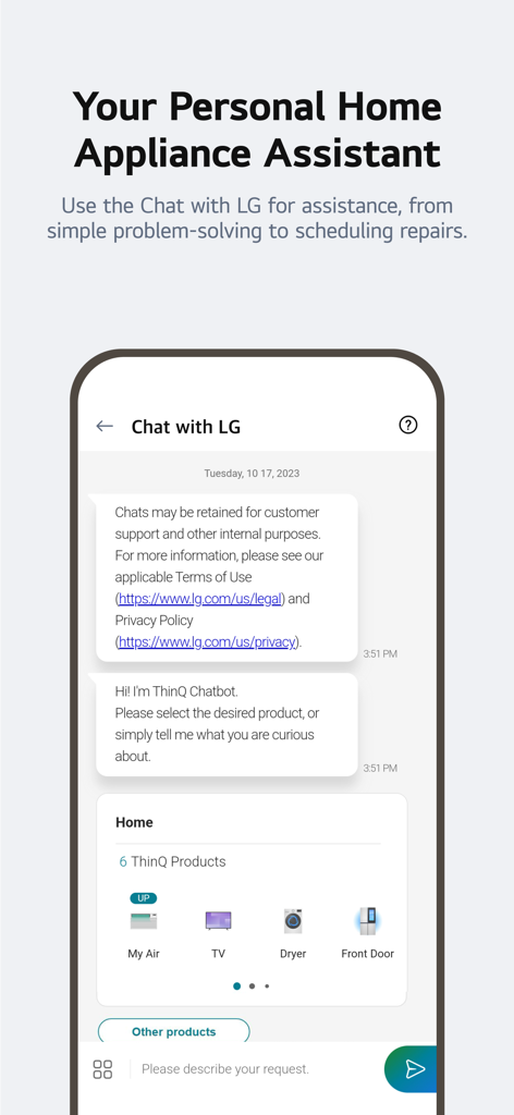 LG ThinQ 앱의 챗봇 인터페이스로 스마트 홈 가전제품 지원을 제공합니다.