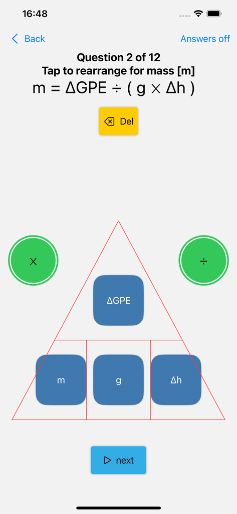 GCSE Equations Physics - Educational interface showing a physics formula triangle used to rearrange the gravitational potential energy equation for mass