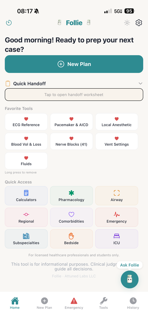 Follie - Anesthesia Assistant - Home screen of the Follie anesthesia assistant app showing clinical tools and medical calculators