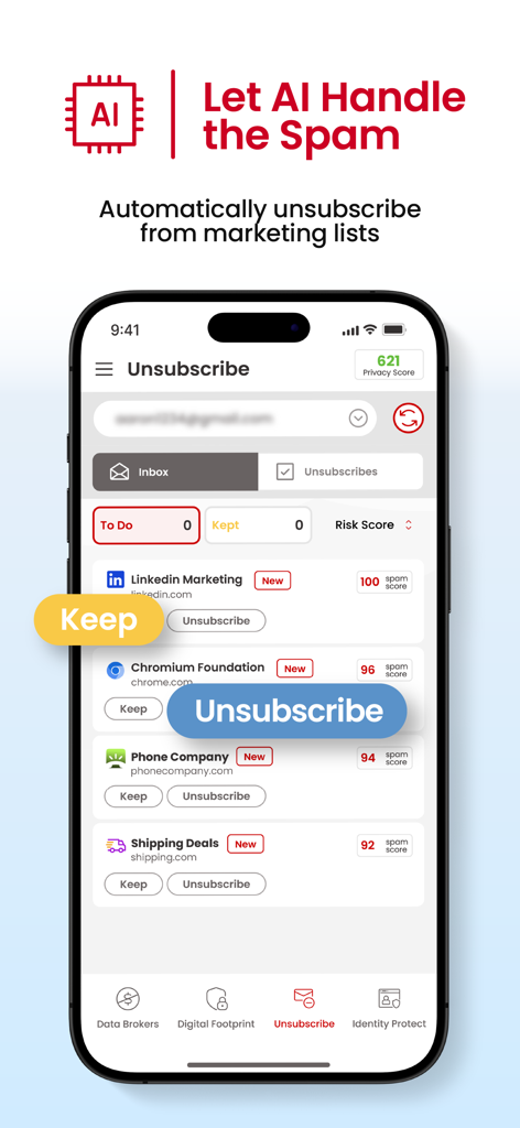 PrivacyHawk - PrivacyHawk app screen showing AI powered tool to automatically unsubscribe from marketing lists and spam emails