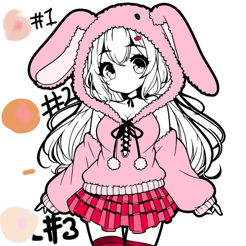 pretty anime girl wearing a fluffy hoodie with bunny ears on the hood and a skirt