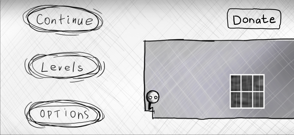 Menu principale del puzzle game indie That Level Again 2 con pulsanti dell'interfaccia disegnati a mano e grafica minimalista.