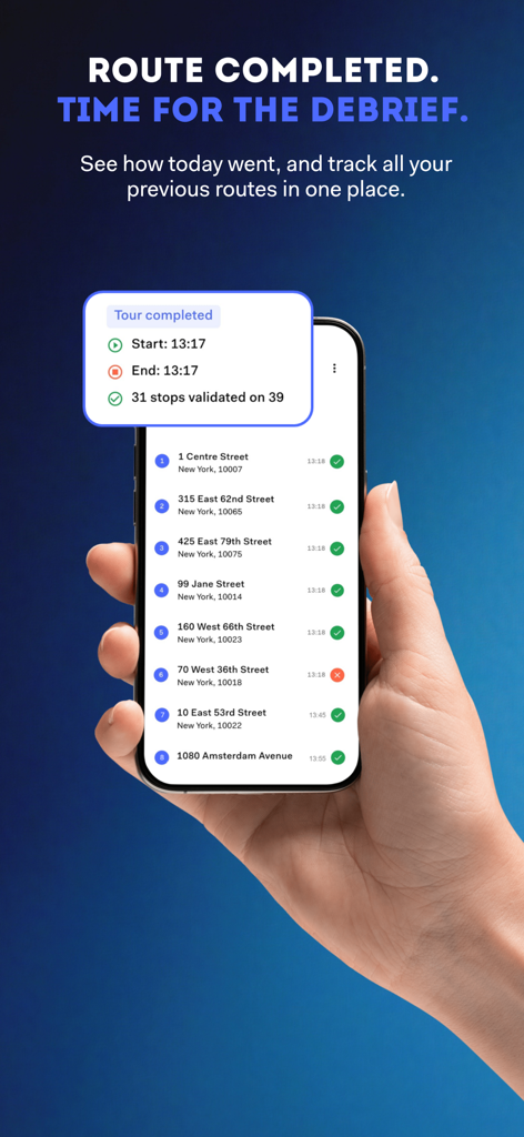 Laskar Route Planner - A hand holding a smartphone displaying the Laskar Route Planner app with a completed delivery route summary and a list of validated stops in New York