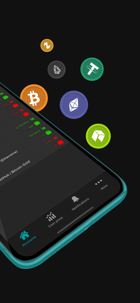 Crypto mining tracker MinerBox - MinerBox app interface showing cryptocurrency mining stats and coin icons