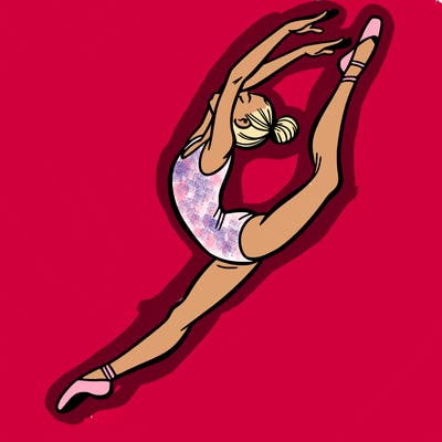 gymnast doing a leap in a leotard with a bent back leg