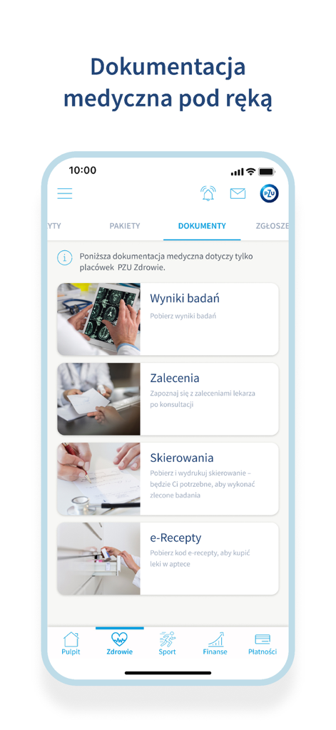 Medical records screen in the mojePZU app showing test results and prescriptions