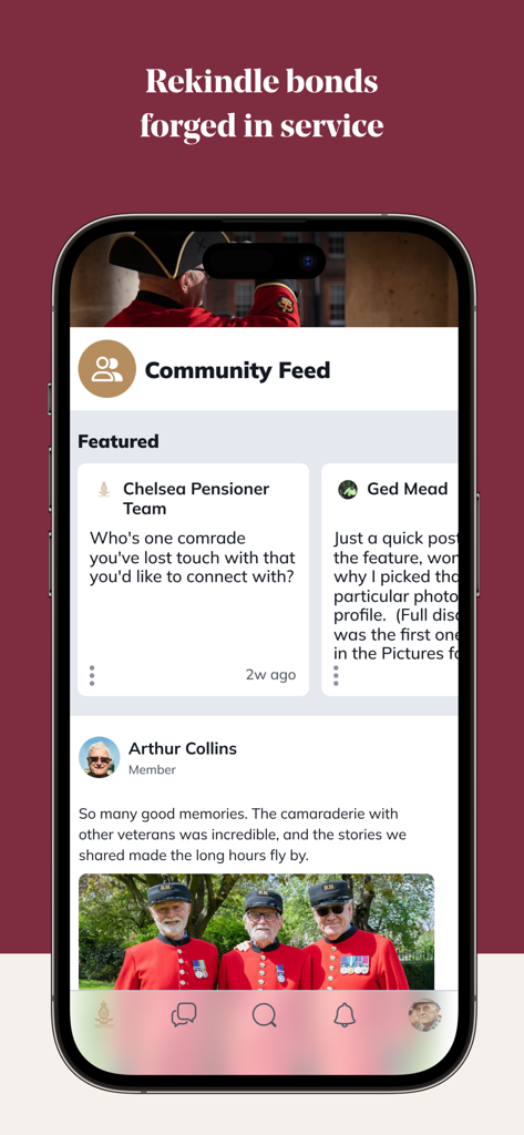 Old Comrades - Old Comrades app community feed featuring veteran posts and photos of Chelsea Pensioners