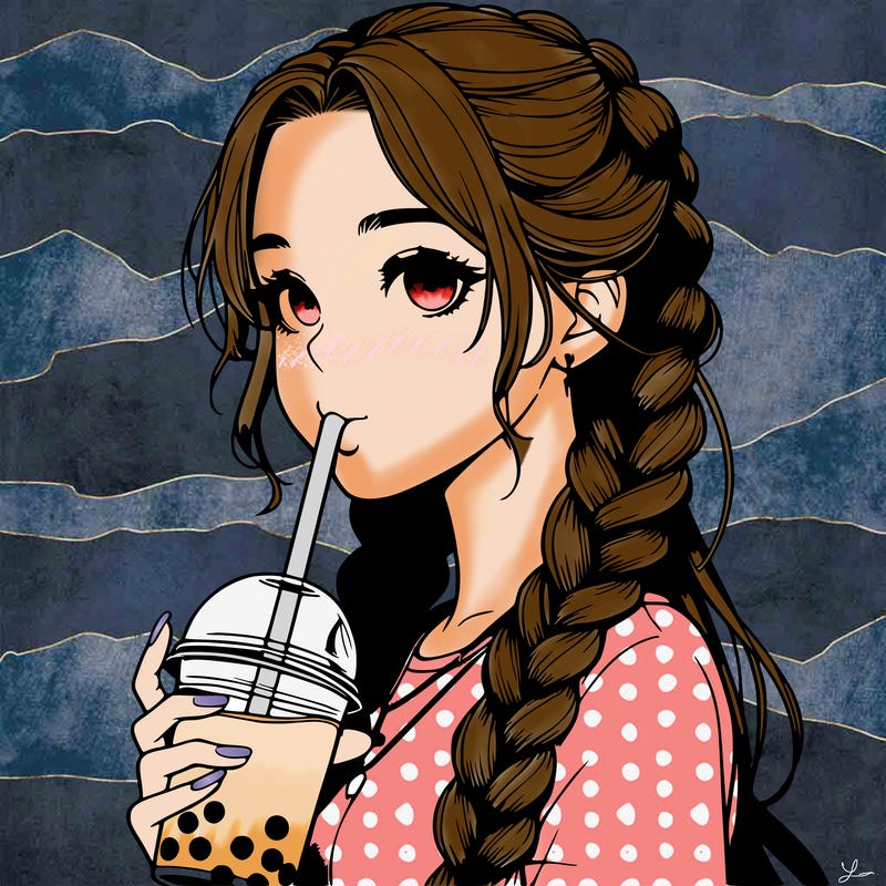 realistic girl with braided hair drinking boba
