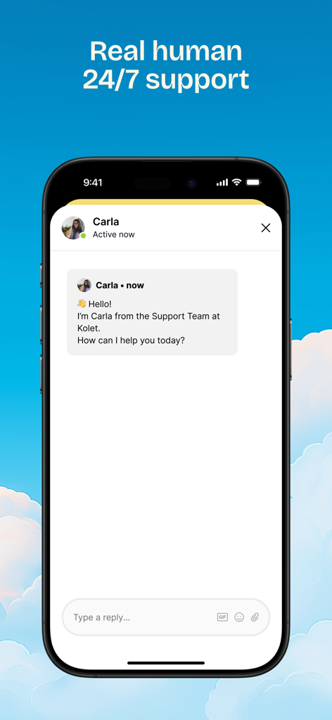 iPhone screen showing Kolet app 24/7 human chat support interface