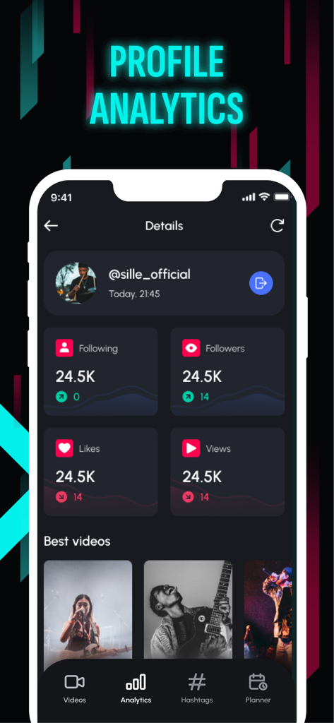 TikMaker app screen showing social media profile analytics including follower growth, total likes, and view counts