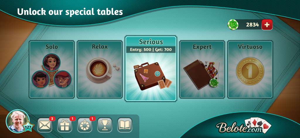 Belote.com - Coinche & Belote - Interface de l'application Belote.com présentant différents modes de jeu, notamment Solo, Détente, Sérieux, Expert et Virtuose.