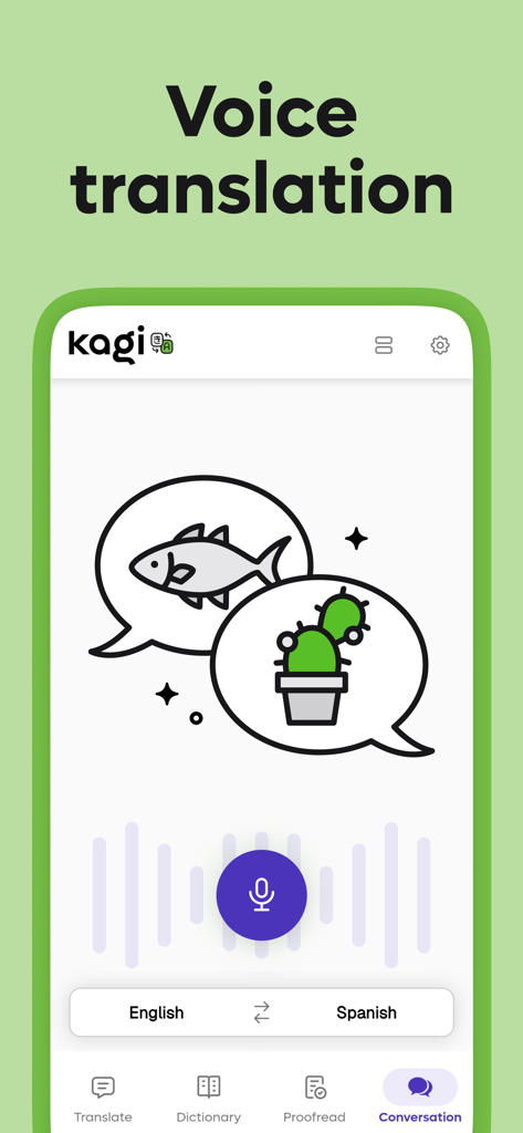 Kagi Translate 앱 음성 대화 인터페이스 (영어 및 스페인어)
