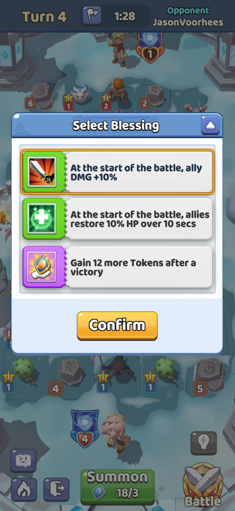 Merge Battle: PvP Arena - In-game screenshot of Merge Battle PvP Arena showing a tactical blessing selection menu with damage and health buffs