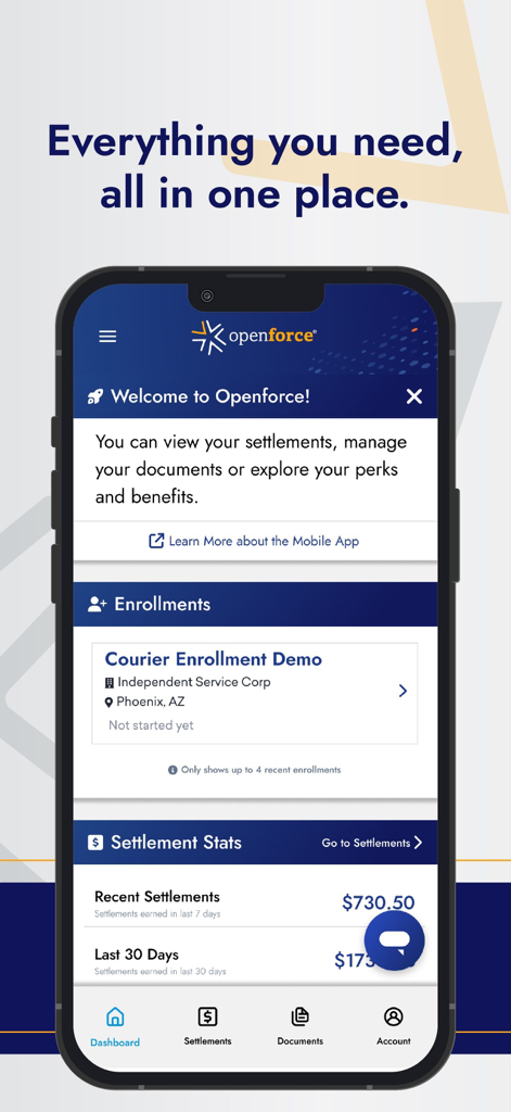 Openforce mobile app dashboard showing independent contractor settlement stats and enrollments.