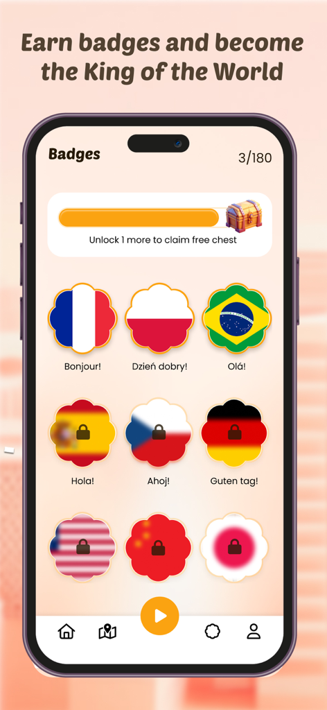 A mobile screen showing various country flag badges and a progress bar to unlock a treasure chest in the Where Am I GeoGuess game.