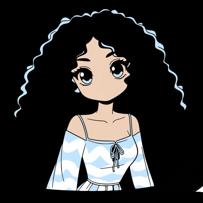 a black anime girl with long afro hair