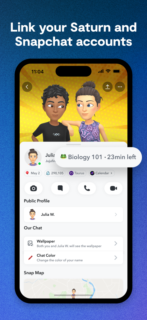 Saturn app interface showing Snapchat integration and a friend's live class schedule status