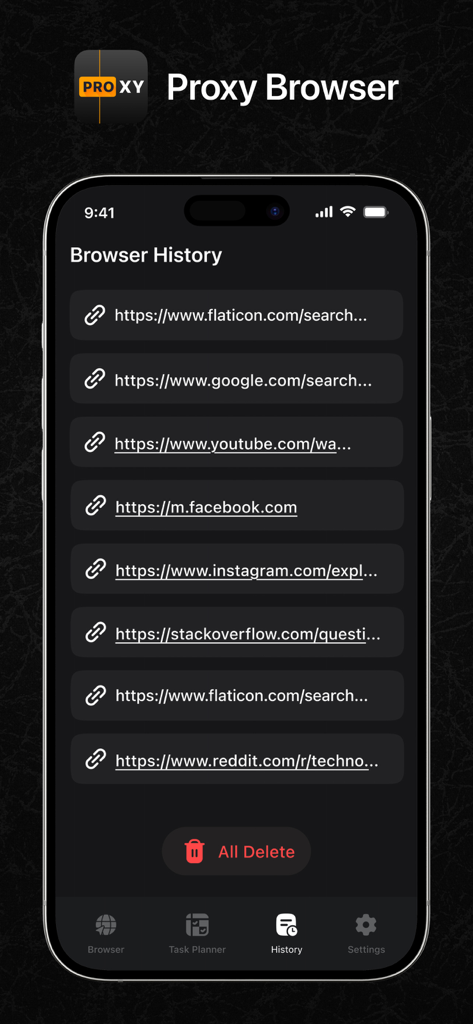 Proxy Browser app history screen displaying visited websites with a delete all button