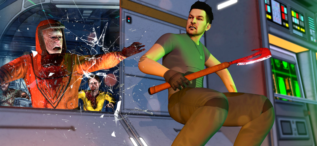 Zombie Survival Sniper Games - A hero character with a weapon prepares to fight zombies attacking a space station through a cracked window.