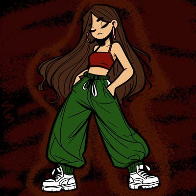 girl in baggy pants crop top and long hair