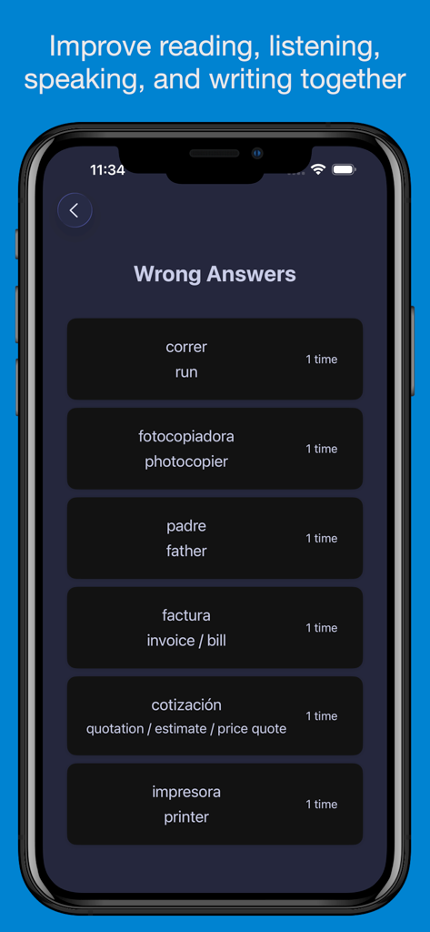 Pro - Basic Spanish Vocabulary - A list of Spanish words that were answered incorrectly for targeted vocabulary review.