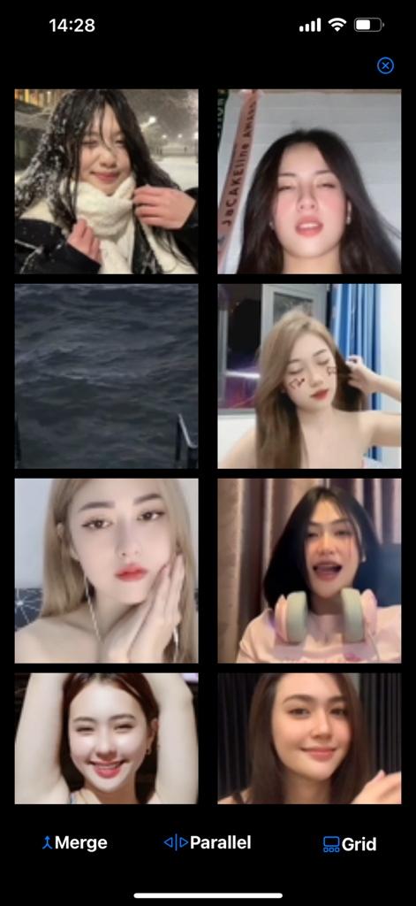 Captura de pantalla de la aplicación Bingo que muestra un diseño de cuadrícula de 2x4 para fusionar múltiples clips de vídeo.