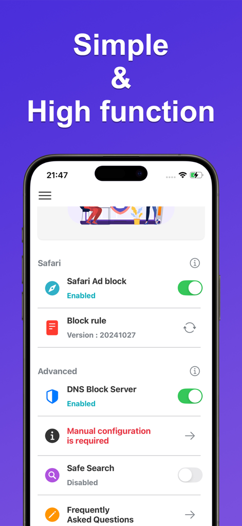 Ad Blocker Pro - Secure & Safe - Ad Blocker Pro app interface on iPhone showing Safari ad blocking and DNS block server settings enabled