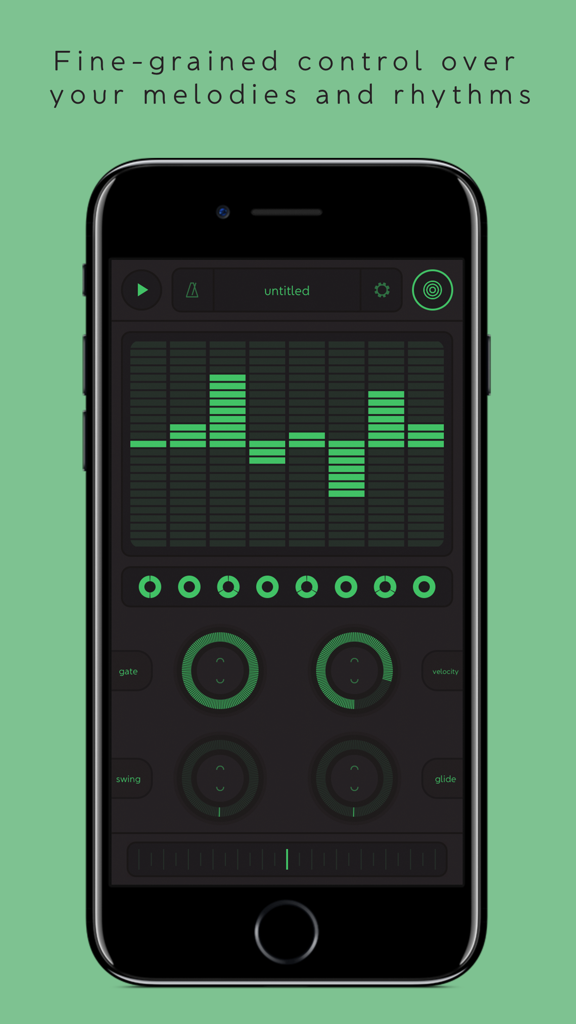 Pantalla móvil de STEPS MIDI Sequencer mostrando controles de dial verdes para melodías y ritmos.