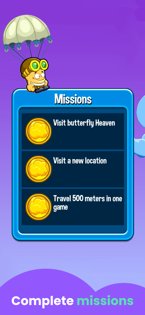 Jumping Games for Kids - A list of game missions in the Jumping Games for Kids app showing challenges like visiting new locations