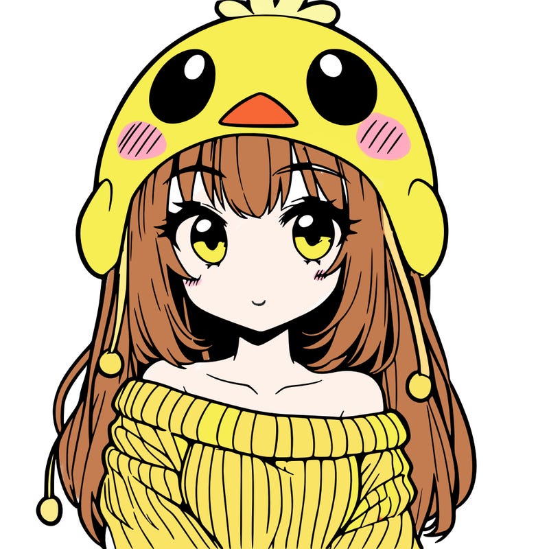 anime girl with chick shaped hat with sweater with bare shoulders with bangs covering them one eye with low tail