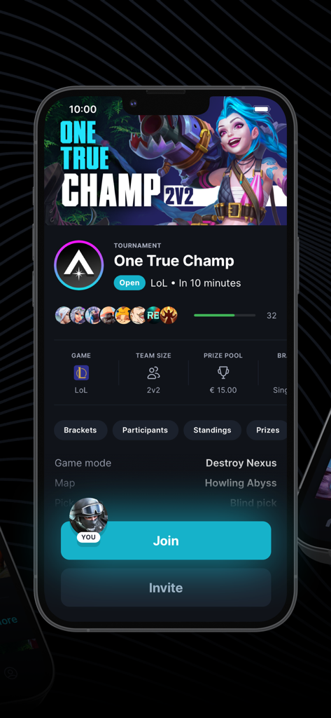 Challengermode - Challengermode app interface showing a 2v2 League of Legends tournament registration page with a join button and prize pool.