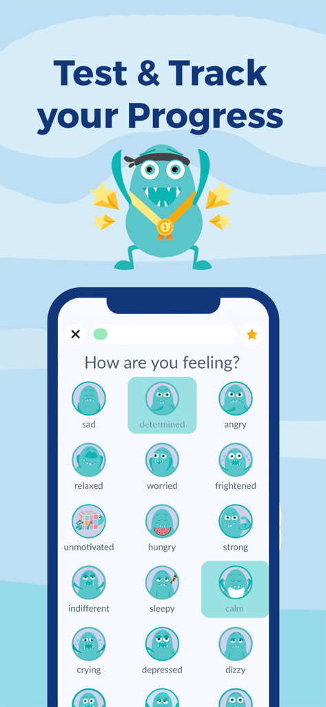 Rootd app mood tracking screen showing various emotional states with a cute monster character
