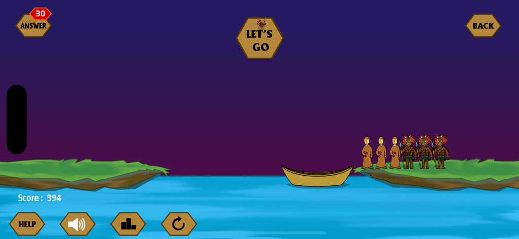 A river crossing logic puzzle screen featuring monks and tribal characters beside a boat