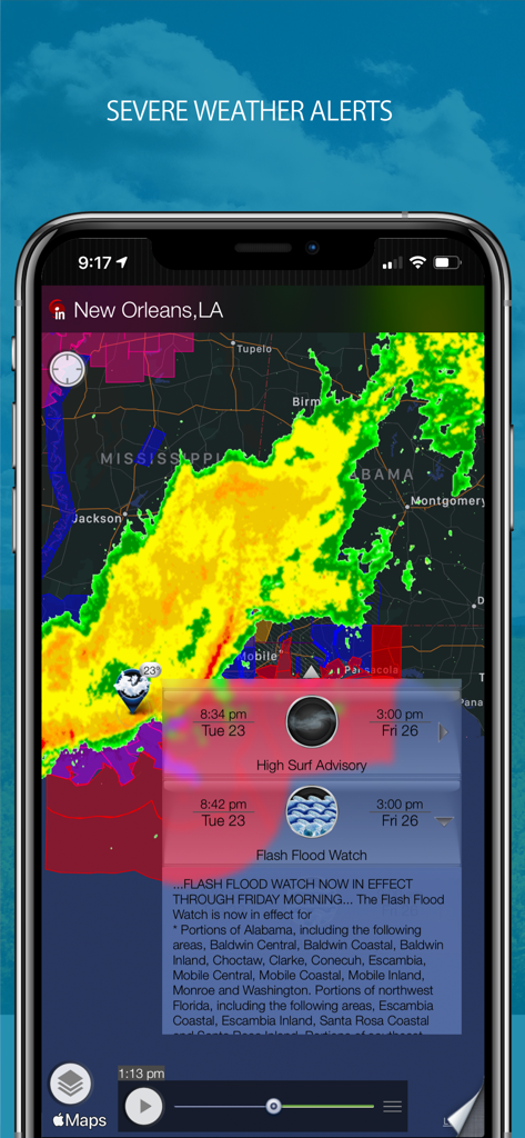 Radar Sky App-Oberfläche zeigt hochauflösendes Wetterradar mit aktiven Unwetterwarnungen und Hochwasserwarnung.