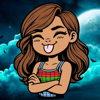 realistic girl crossing her arms and wearing a tank top with her tongue held out she has long hair