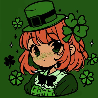 a manga-style girl with clovers around her, a little hat in her hair, like it's saint patrick's day