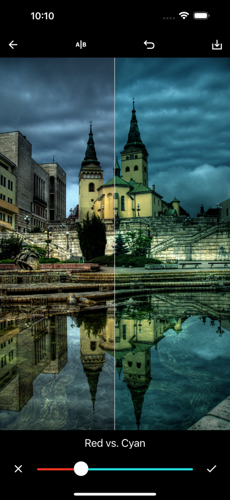 HDR Max写真エディターでの赤とシアンのカラーバランス調整の分割画面比較