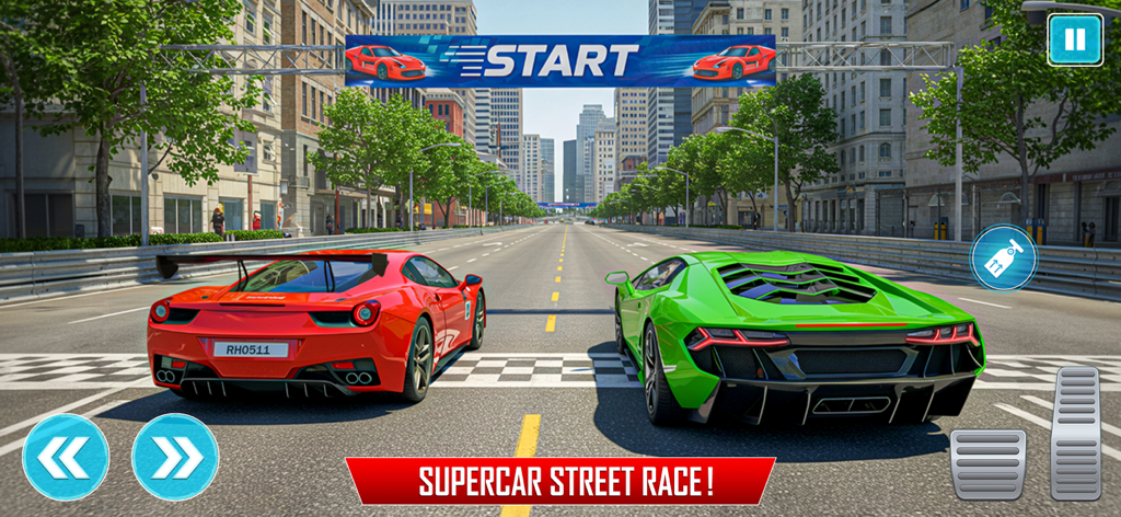 Red and green sports cars at the starting line of a city street race
